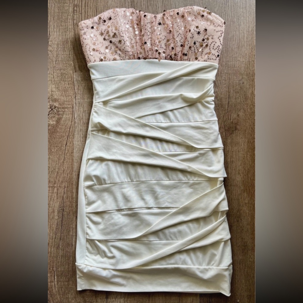 Ivory Cream Rose Party Cocktail Strapless Sequin Dress